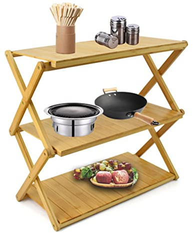 Camping Regal Klappbar, Faltbar 3 Etagen Tragbar Camping Klappschrank, Campingküche aus Bambusplatte Outdoorschrank Faltschrank Klappbares Teleskopisch Lagerregal für Aussen Küche Camping Grillen