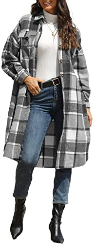 Sukany Women's Casual Lapel Wool Blend Long Plaid Shirt Button Down Long Sleeve Jacket Shacket Black XL