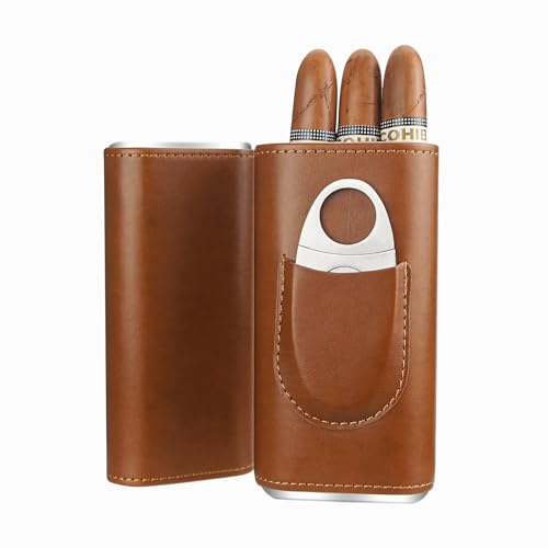 cgaplus 3-Finger Leather Cigar Case with Cutter Cedar Wood Lined Cigar Humidor Portable Travel Cigar Case
