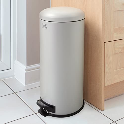 BLACK+DECKER 30 Litre Dome Kitchen Indoor Rubbish and Waste Pedal Bin with Soft Close Lid/Steel (Grey)