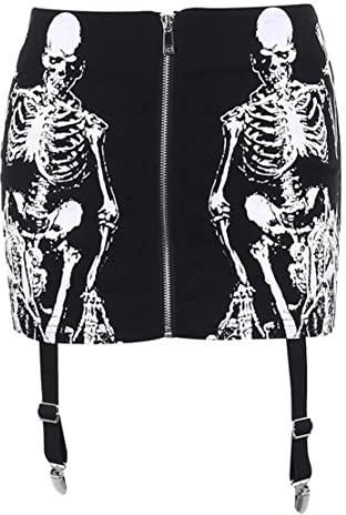 XCJIKUKE Gothic Skirts Goth Emo Zipper Mini Skirt Y2k Steampunk Skull Print Pencil Stretch Bodycon with Leg Garters for Thigh Streetwear
