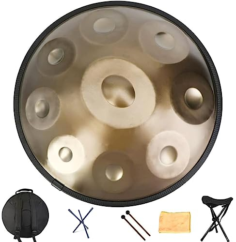 Handpan-Trommel, 22-Zoll-D-Moll-9-Noten-440-Hz-Stahltrommeln (Gold), Stahl-Handpan-Instrument für Erwachsene, mit weicher Handpan-Tasche, 2 Handpan-Schlägern, Handpan-Ständer und staubfreiem Tuch