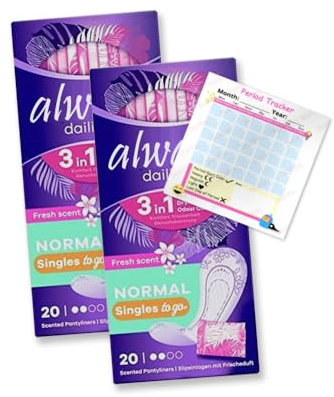 Dailies Panty Liners Normal 40x Fresh Scent Pantyliners | Go Fresh 3 in 1 | Singles Individually Wrapped | Odour Neutralising | Comfort | Pack of 2X 20 | Including Period Tracker