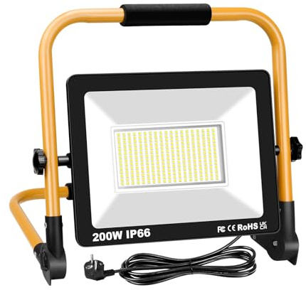 RIGIDON 200 W LED-projektor med uttag, 2 0000LM bärbar bygglampa, LED-spotlight, utomhus, 6 000K, vit, IP66, vattentät för garage, terrass, trädgård, verkstad, konstruktion