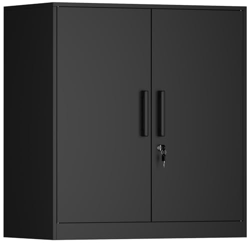IRONFFICE Metal Wall Cabinet,Garage Wall Cabinet with Handle,Lockable Storage Cabinets Wall Mounted with 2 Doors,Locking Cabinet with Shelves for Basement,Living Home,Black