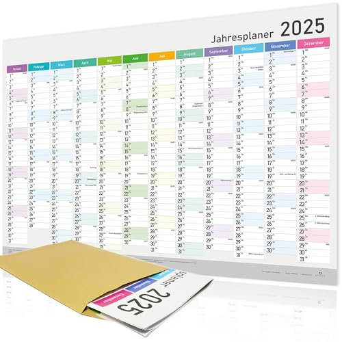 Jahresplaner 2025 XXL - Wandkalender A1 (84x59 cm), Wandplaner mit Kalenderwochen und Feiertagen - Großformat Kalender für Büro, Familie und Schule – Plakatkalender, Jahreskalender Bunt, Wall Calender
