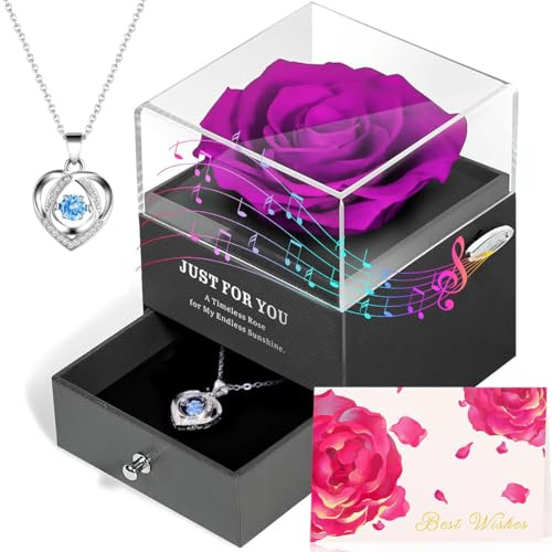 ADDWel Regalos Originales para Mujeres, Rosa Eterna Natural Preservada con Collar en Caja de Música, Regalo Aniversario Mujer, Regalos para Novia o Mama Rosas Preservadas para Cumpleaños San Valentin