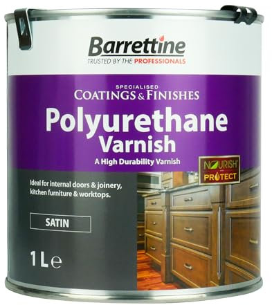 Barrettine Polyurethane Varnish (Satin, 1L) - Highly Durable Polyurethane Wood Varnish with Clear Gloss Finish for Internal Doors & Joinery, Kitchen Furniture & Worktops
