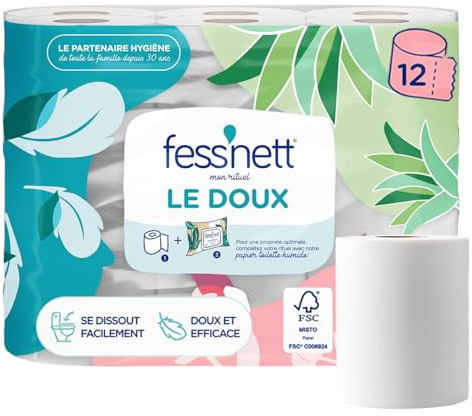 fess'nett - Papier Toilette Sec Le Doux - 12 Rouleaux - Double Épaisseur - Fibres Végétales FSC - Convient aux Fosses Septiques et Broyeurs - Se Dissout Facilement dans l'Eau - Blanc