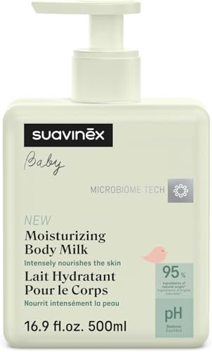 Suavinex, Lait Corps Bébé, Crème Hydratant Adaptée aux Peaux Sensibles et Nouveau-nés, Texture Légère, Absorption Facile, 95% Ingrédients Origine Naturelle, avec Prébiotique, Parfum Doux, 500 ml