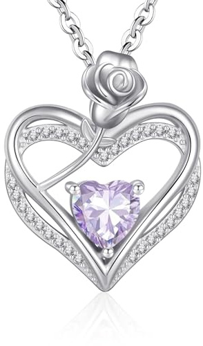 Cosie Lily halsband dam silver 925 hänge, dam hjärta ros blomma månadssten smycken silver, presenter födelsedag present alla hjärtans dag julklappar till flickvän mamma halsband, Kubisk zirkonia