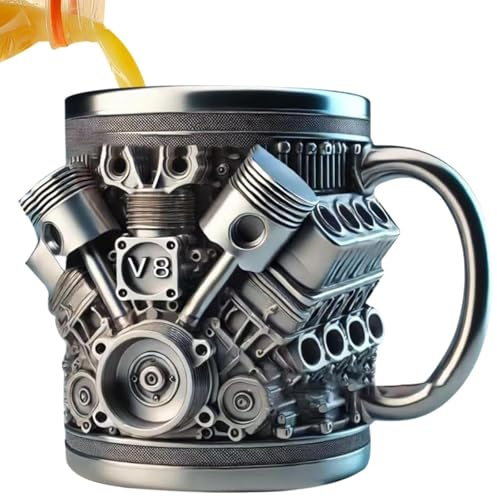 V8 3D motordesign rostfri kopp, 300 ml rostfritt stål kreativ retromugg med isolerat handtag, motorer vattenkopp ornament, för hem, studio, resor för bilentusiaster och racingfans