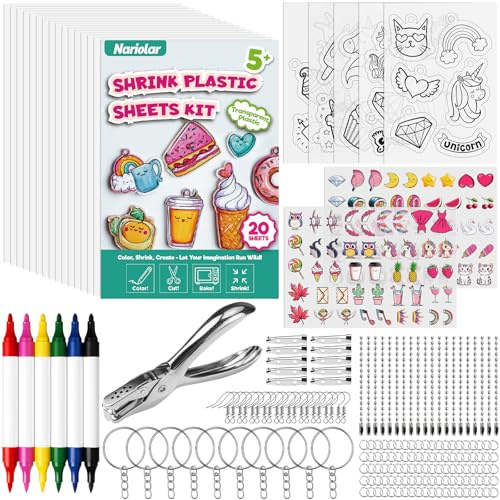 Nariolar 189Pcs Shrinky Plastic Sheets Kit Includes 22 Shrinking Paper, 6 Colored Markers, 160 Keychain Accessories, and a Hole Punch for Creative Crafts
