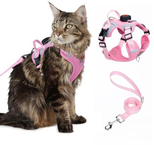 Cat Harness and Leash Set With AirTag Holder, Upgraded Escape Proof Adjustable Kitten Vest with Lead for Small Cat Outdoor Walking, Soft Breathable Mesh Jacket with Reflective Strips M, Pink