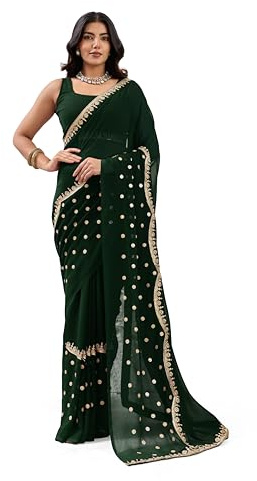 Svayi Women’s Georgette Gold sequin Embroidery butti border work Saree for Wedding Festive Party Style Sari with Blouse Piece (SR1284-DarkGreen)