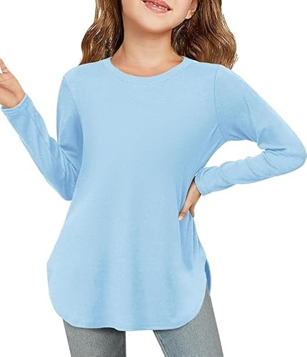 Haloumoning Camiseta de manga larga para niña, cuello redondo, manga larga, monocolor, bonita túnica, para el tiempo libre, básica, con aberturas laterales, azul claro, 13-14 años