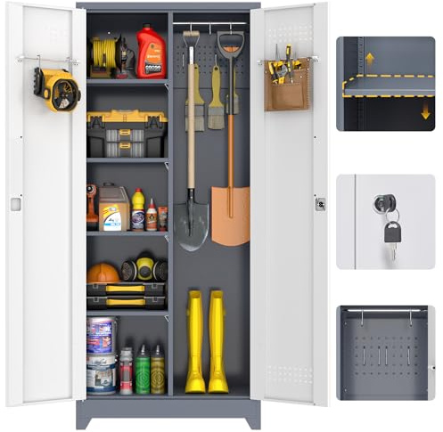 GREATMEET 72.8 H Metal Garage Storage Cabinets with Lock Door and Adjustable Shelves,Grey&White Broom Closet Storage Cabinet for Cleaning Supplies, Utility Closet for Garage, Bathroom,Kitchen,Home