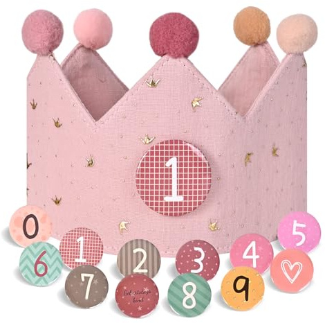 Hukermoon Corona de cumpleaños para niños, tejido ajustable, corona de muselina con números intercambiables del 0 al 9, corona de cumpleaños, unisex, para fiestas de cumpleaños infantiles, color rosa