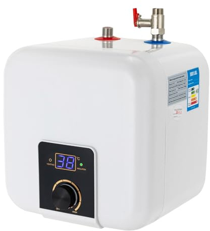 Mini chauffe-eau instantané 8 l avec affichage LED 1500 W - Petit chauffe-eau instantané - Chauffe-eau électrique de 0 à 65 °C - Montage mural - Autonome (rond)