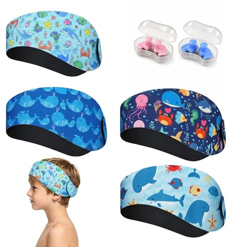Diadema de Natación Impermeable (Pack de 4), 2 Pares de Tapones para Oídos y 4 Banda de Natación para Niños y Adultos, Diadema de Oídos Ajustable y Antideslizante para Surf Buceo Boga y Rafting