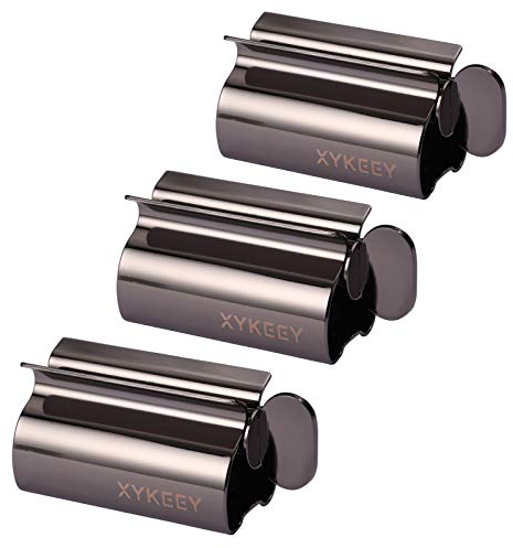 XYKEEY Toothpaste Tube Squeezer - Set of 3 Toothpaste Squeezer Rollers, Metal Toothpaste Tube Wringer Seat Holder Stand (Black)