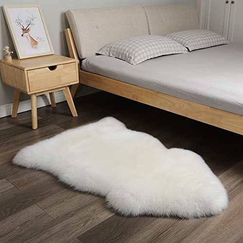 AOGELAN Premium Genuine Sheepskin Rug, Genuine Sheepskin Natural Fluffy Fuzzy Lambskin Fur Area Rug for Kids Bedroom Sofa Chair Seat Cover Pets Dogs Mat Single Pelt/2'x 3' White/Ivory
