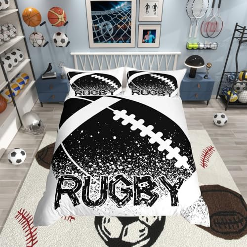 Homewish Parure de lit avec housse de couette sur le thème du ballon de rugby pour garçon, noir et blanc, pour lit simple