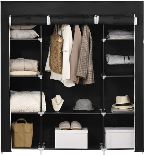 HOMCOM Portable Wardrobe, Foldable Fabric Wardrobe, 150 x 43 x 162.5cm, Clothes Storage Organiser with Hanging Rail, Shelves, Fabric Cover for Bedroom, Black