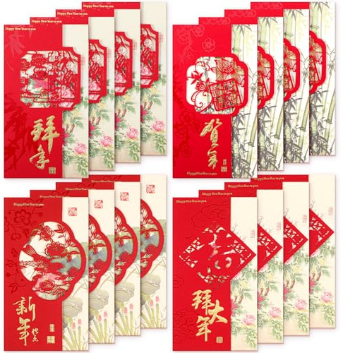 16 Sets Chinese New Year Cards with Envelopes for 2026 Hollow Lunar New Year Greeting Card of the Lucky Spring Festival Postcard for Wishes Friends Family Happy Holiday Gift