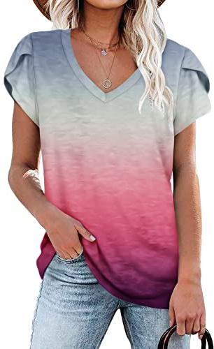 PLOKNRD Ledig sommartröja med V-ringning och kronbladsärm, rosa/grå, XL