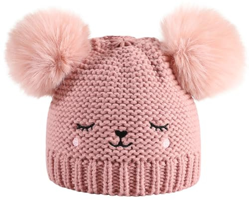 XYIYI Pink Baby Kids Winter Warm Knit Hat Cute Bear Infant Toddler Crochet Fur Pom Beanie Cap for 6-24Months Boys Girls
