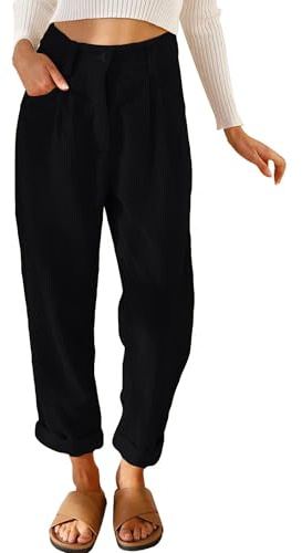 Pantalon en velours côtelé décontracté pour femme - Taille haute - Pantalon fuselé - En coton - Jambe droite - Couleur unie - Avec poches, Noir , L