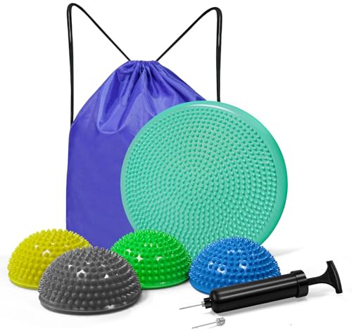 Wobble Cushion Set for Core Body Balance Training - Wiggle Disc Plus 4 Hedgehog Balance Pods and Pump, Inflatable Stepping Pads for Adults（Teal）