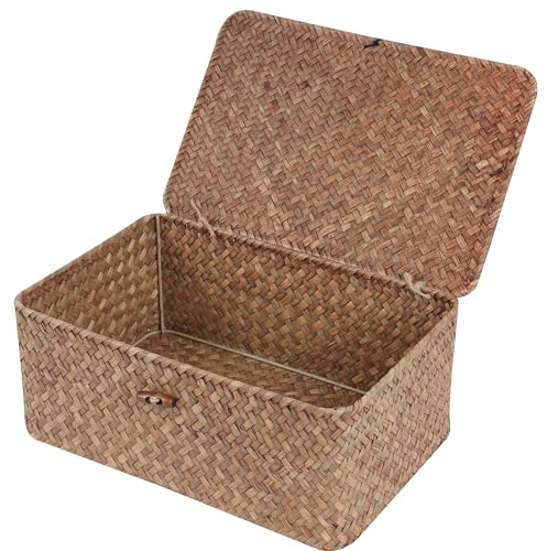 FEILANDUO Weidenregalkörbe mit Deckel, Seegras, Aufbewahrungskorb, Behälter, rechteckig, handgewebt, für Regale, Schreibtisch, Heim-Organizer (Kaffee, Medium)