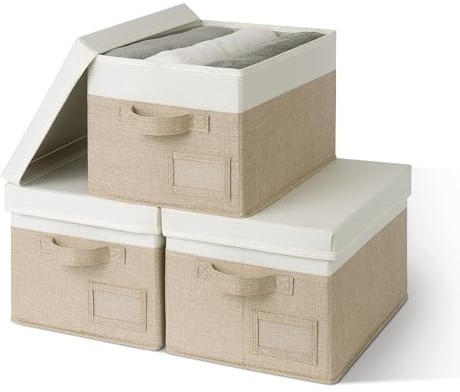 GRANNY SAYS Scatole Tessuto con Coperchio, Set di 3 Scatole Portaoggetti Pieghevoli con Coperchio, Organizzatori per Vestiti, Contenitori Tessuto per Armadio, Bianco e Kaki