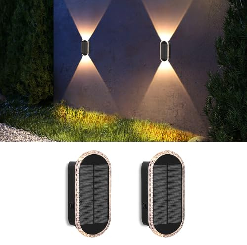 Luce Solare LED Esterno, 2 Pezzi Applique Solare Esterno, Lampada da Esterno Solari Up Down Parete impermeabile, Luce Regolabile 3 Colori per recinzione parete terrazza giardino balcone decorazione