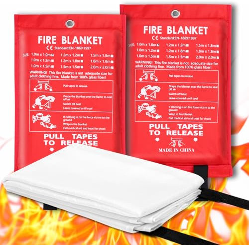 ZOLGINAH 2 Pezzi Coperta Antincendio, Coperta Ignifuga in Fibra di Vetro de 1,0m X 1,0m, Fire Blanket Emergenza Protezione Ignifuga e Isolamento Termico per Cucina Camino Barbecue Auto Campeggio