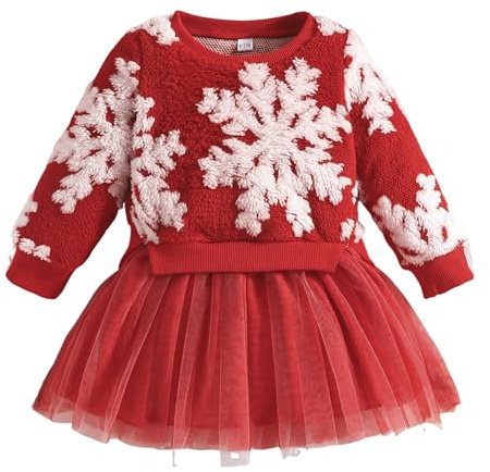 PanLidapan Vestito da Bambina Tutu Natale Completo per Neonata Manica Lunga con Motivo Fiocchi di Neve Vestito per Bambina Caldo Gonna in Tulle Autunno Inverno, Rosso, 2-3 Anni