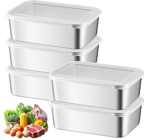 PRITOK Contenitori salvafreschezza in acciaio inox con coperchio, 5 pezzi, 1100 ml, contenitori per alimenti e microonde