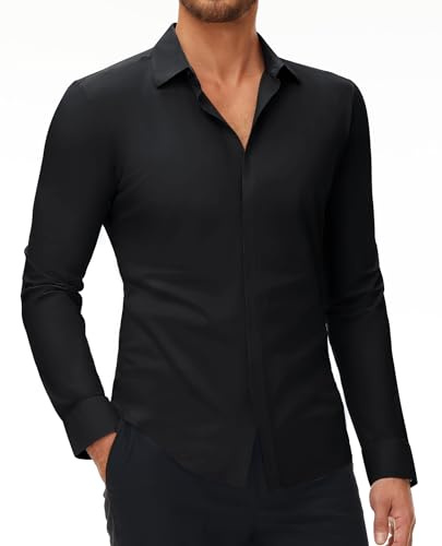 DEMEANOR Camicie da uomo elasticizzate a maniche lunghe da uomo camicie da uomo vestibilità muscolare camicie casual non stirate camicie formali slim fit per uomo, 1-Nero., M