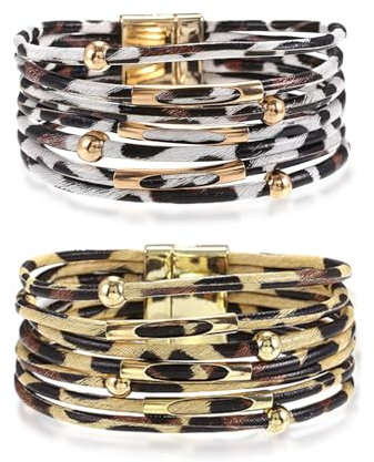 UILYNIU 2 Stück Leopard Armbänder Breites für Frauen, Damen Mehrschichtiges Lederarmband mit Magnetischen Schnalle, Gepard Armbänder Manschette Armband Boho Wickelarmband für Festival Zubehör