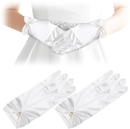 Yuomeaz 1 paire de gants de mariée avec perles blanches, gants en soie, noeud, gants courts en satin blancs pour robe de banquet de mariage, danses de fête, mariage, dîner d'opéra