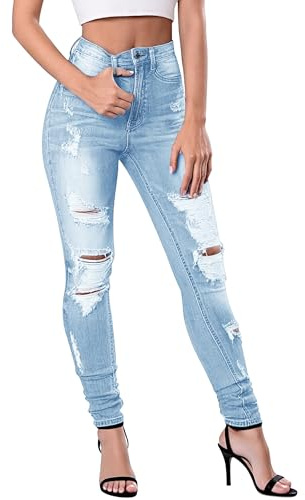 Fengbay skinny jeans dam stretch hög midja slitna streetwear damjeans rumplyft mode byxor jeans, blå, L