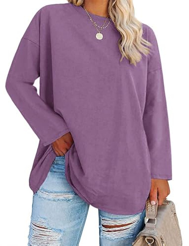 Fisoew Top da Donna, Taglie Grandi, a Maniche Lunghe, Taglie Forti, Girocollo, Oversize, Viola., XL