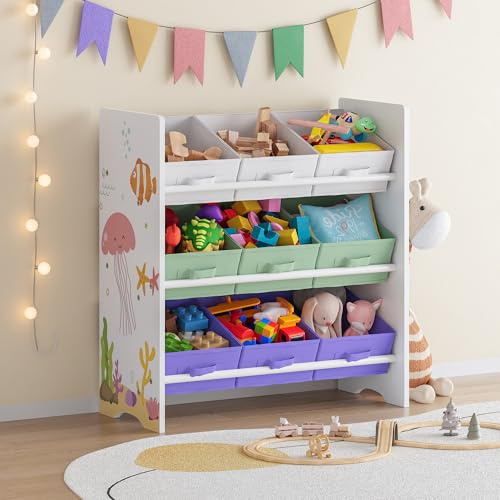 [en.casa] Kinderregal Boiro Kinderzimmerregal 60 x 62 x 30 cm stehend mit 9 Faltboxen Spielzeug Aufbewahrungsregal Aqua Dream-Motiv