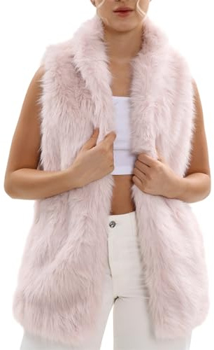 Amazhiyu Gilet en fausse fourrure pour femme, gilet chaud avec poche et ceinture, sans manches, col rond, cardigan long pour hiver/automne