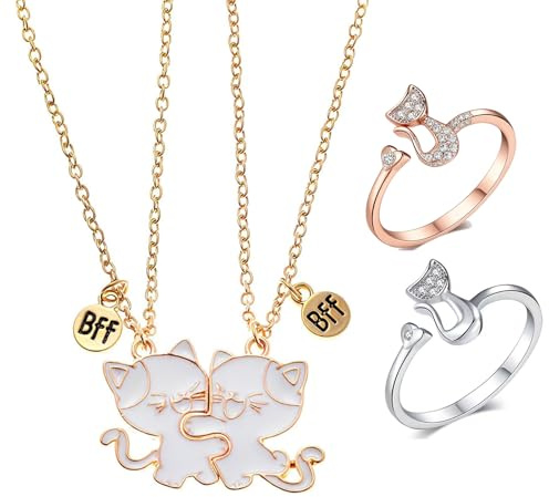VYNZOR Lot de 2 colliers d'amitié avec pendentif en forme de chat pour 2 filles, cadeau personnalisé pour amis, amoureux, comprend 2 anneaux en forme de chat