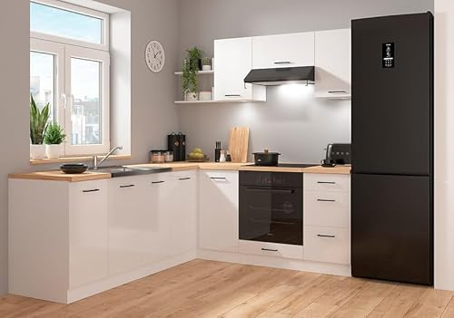 PEGANE Cuisine d'angle complète 200x220 cm, Meubles de Cuisine modulables Coloris Blanc/Craie Brillant, Plan de Travail Non Inclus