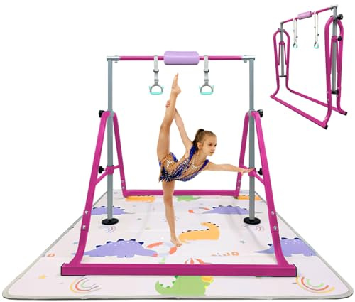 HomeSun Barra de gimnasia para niños con altura ajustable de 80 a 130 cm, barra de gimnasia, plegable, estable, barra de entrenamiento para exteriores e interiores (rosa + estera)