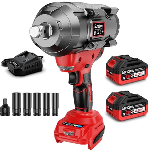 2000Nm Avvitatore a Impulsi a Batteria, 3/4'' Avvitatori a Massa Battente Brushless con 2 Batterie 4.0Ah & Adattatore per Bit da 3/4'' a 1/2'' & 5 Bussole, 21V Avvitatore ad Impulsi per Auto, Rosso